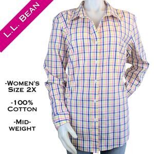 L.L. Bean Womens Button Down Shirt 2X Plaid White Pink Blue Cotton  Preppy Check